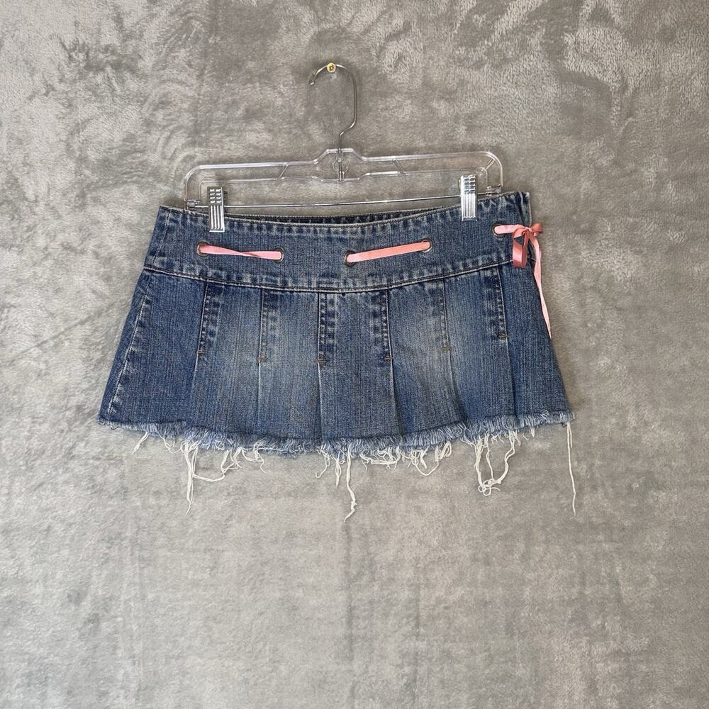 Vintage Y2K Abercrombie Fitch Denim Micro Mini Skirt Size 14 Ribbon Coquette
